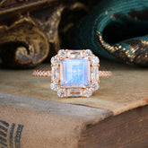 2.5CT Radiant Cut Moonstone Engagement Ring Pave Halo Bridal Ring